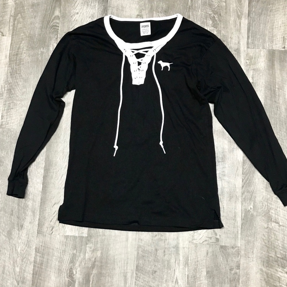 PINK Black lace up longsleeve top